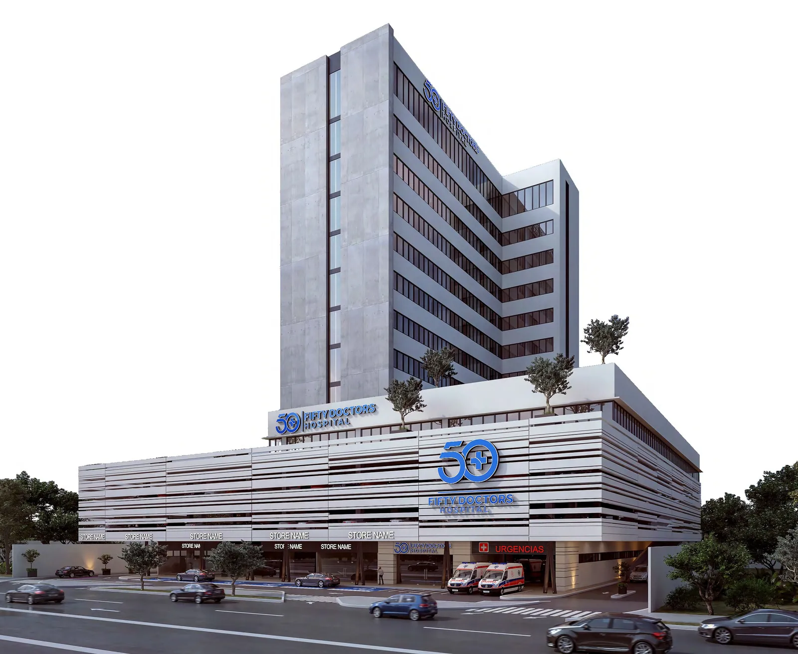 Render de la torre médica 50 Doctors Hospital en San Luis Potosí